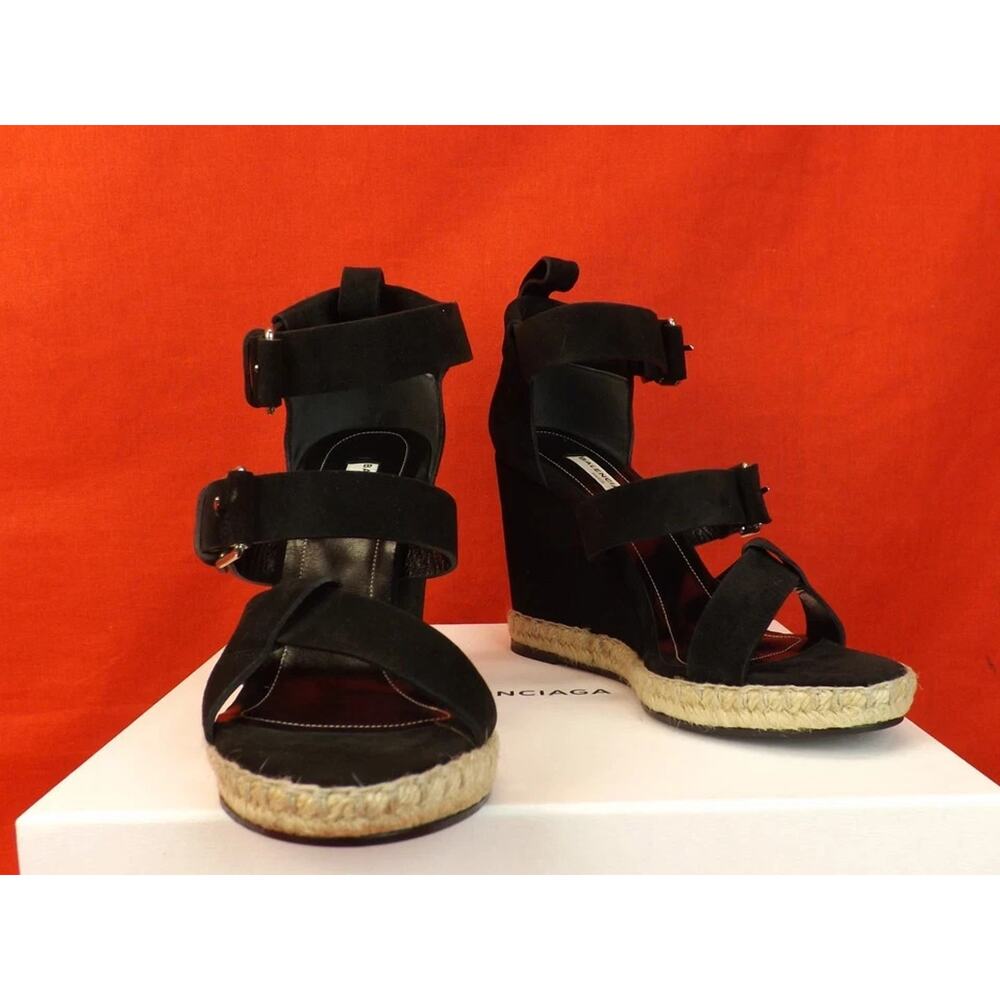 NIB BALENCIAGA BLACK SUEDE BUCKLE ANKLE STRAP ESPADRILLE WEDGE SANDALS 41 $620 - Picture 2 of 10